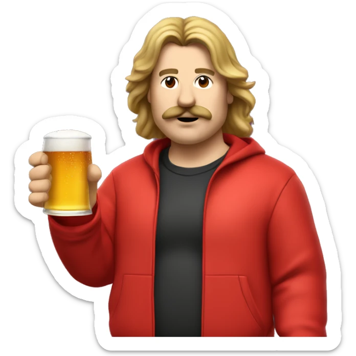 a slightly fat man with long hair and a mullet cut, with a mustache and a beer in his hand, the man is dressed in a red tracksuit, he is putting out a fire sticker