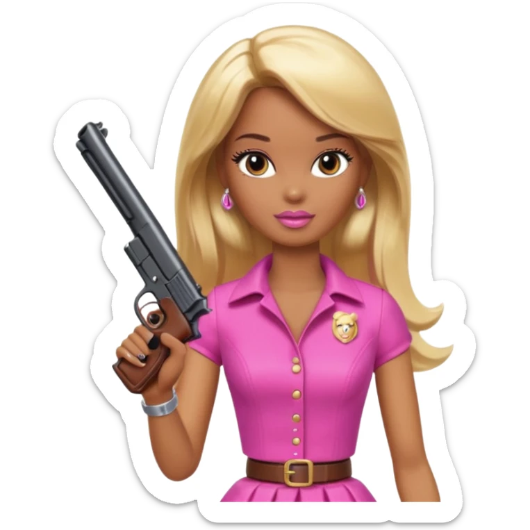 Brown skin blonde hair barbie with gun sticker