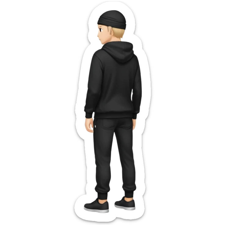 fullbody Mysterious shy caucasian man in black hoodie on head, hands in pockets and black pants rear backview sticker