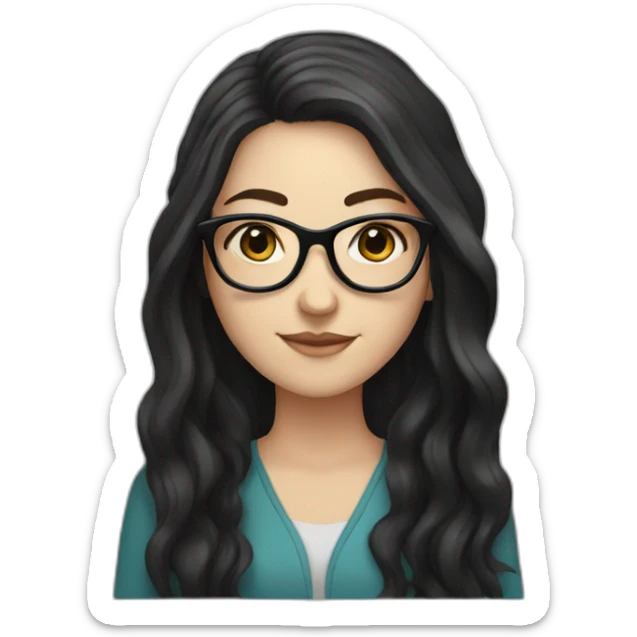 a white girl with long dark hair and hexagon glasses sticker