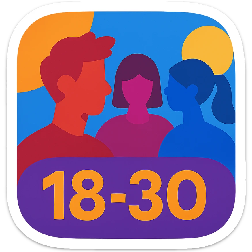Discord role icon for 18-30 year olds, abstract shapes or silhouettes of young adults, energetic and modern look sticker