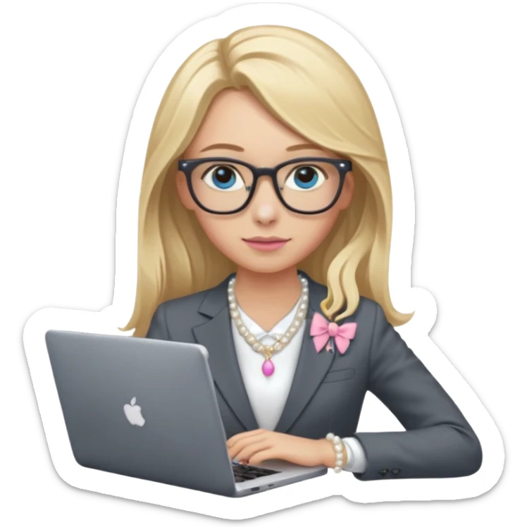 Please take the girl with laptop emoji and make her glassess light brown, her eyes ocean blue and her nose a bit smaller and pointier and she has blonde very long hair and a dark grey suit and pearls necklace, and has a laptop in fron of her and a tiny pink bow on the left side of her head sticker