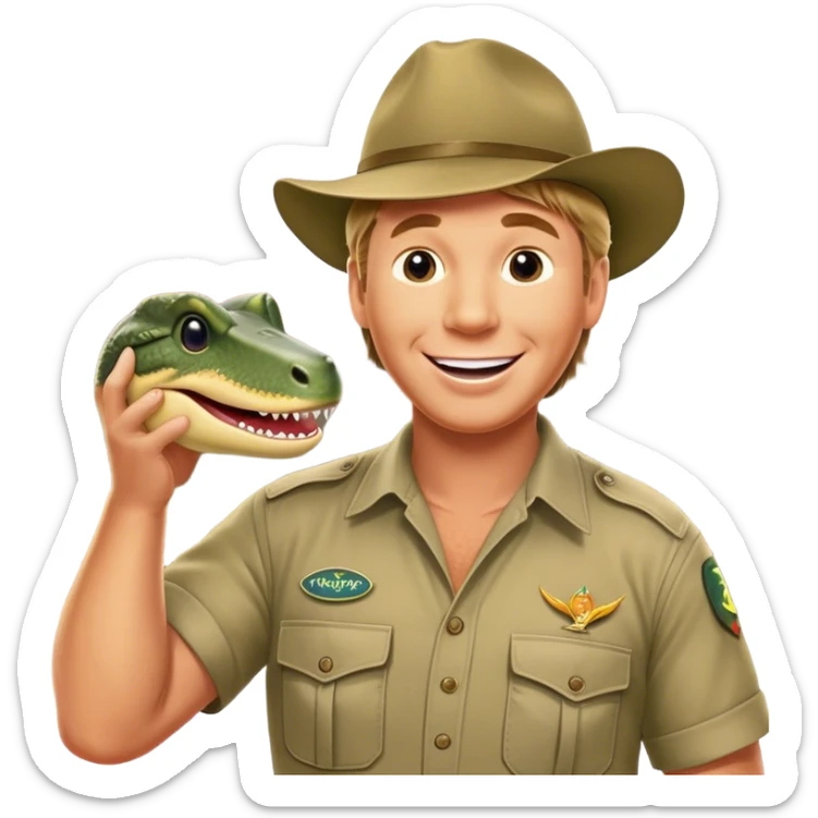 Cinematic Realistic Steve Irwin Portrait Emoji, depicted as a passionate wildlife expert in his signature khaki attire with an enthusiastic smile and a backdrop of the Australian outback, rendered with vibrant textures and dynamic natural lighting that captures his adventurous spirit. sticker