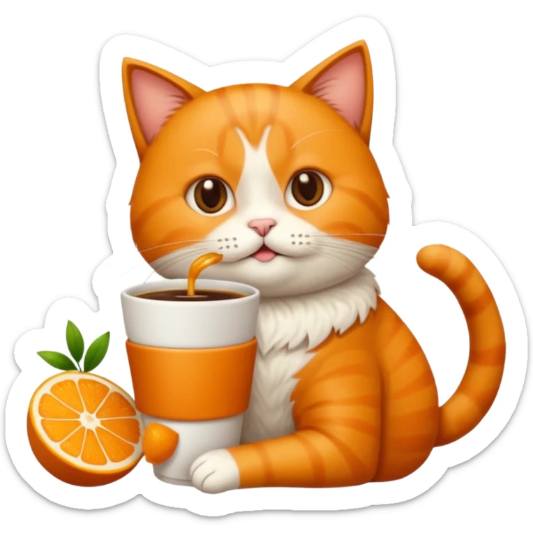 Gato naranja aún lado de un café frio tomando el popote con sus patitas sticker