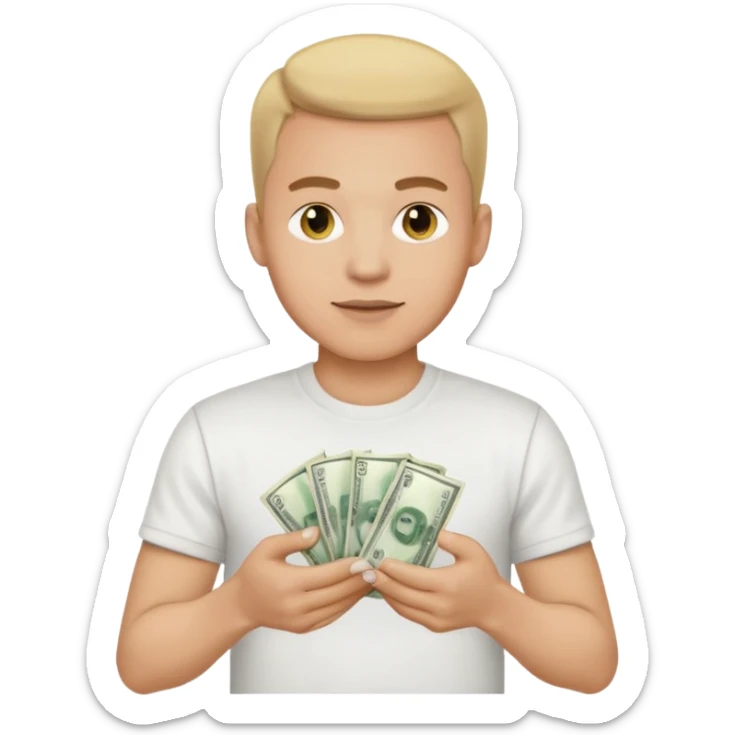 an American man with money in his hands wearing a T-shirt sticker