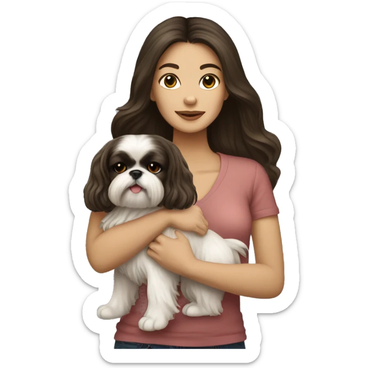 Young dark brunette hair woman with a golden shih tzu in her arms long hair sticker