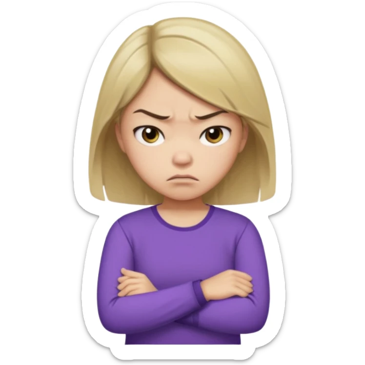 Angry Pouty girl with small asian eyes folding arms in a purple longsleeve shirt she has fair skin and medium length brown hair with blonde sticker