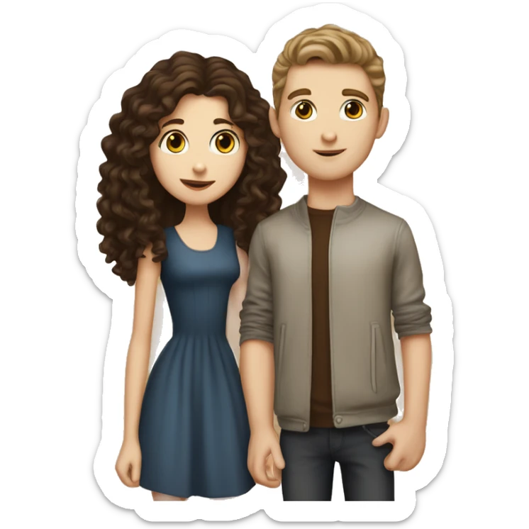 white girl with sleek brown long hair kissing a white boy with short curly dark brown hair sticker