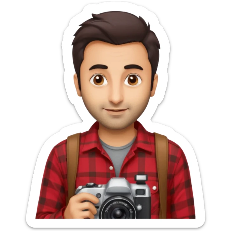 generate a pretty bratz emoji 
Make her look like Ranbir kapoor wearing a red flannel shirt, smirking and carrying a camera

he should look exactly  like ranbir kapoor!  sticker