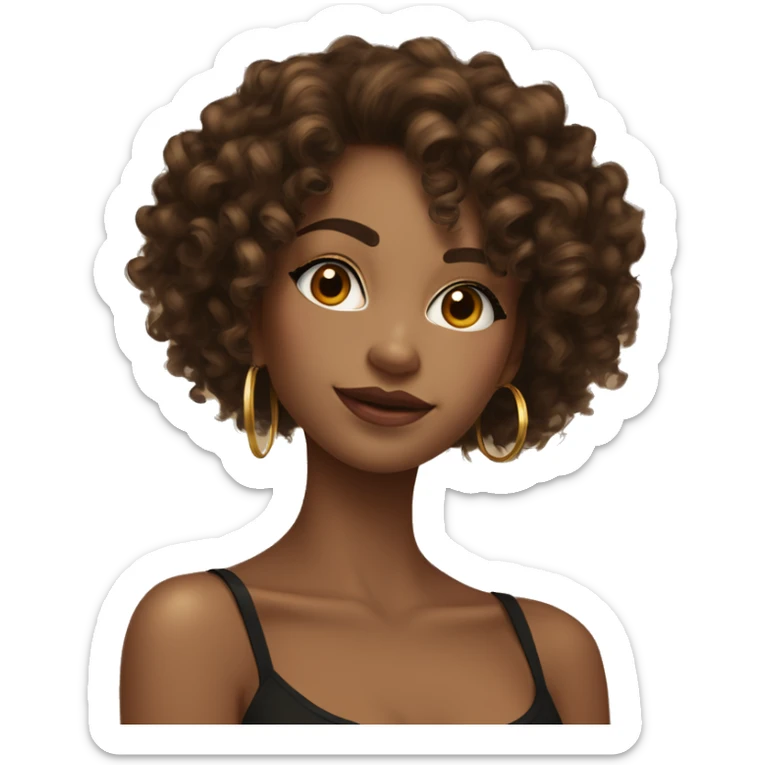 Girl with brown curly hair and higlights and long lashes wearing gold hoop earings in a spaghetti strap black top tan and pretty and skinny  sticker