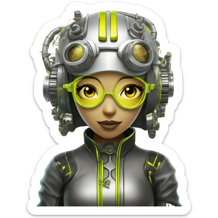 Neon yellow bobbed hair Asian female cyborg head with silver steampunk goggles and circuits sticker
