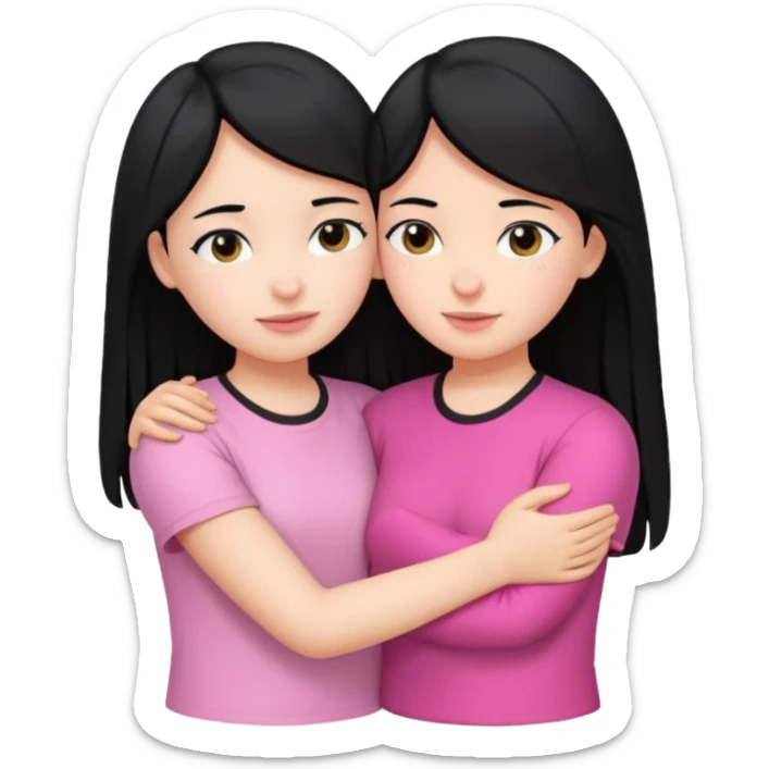 Two girls with black hair, one wearing white shirt and the other is pink shirt, hugging each other sticker
