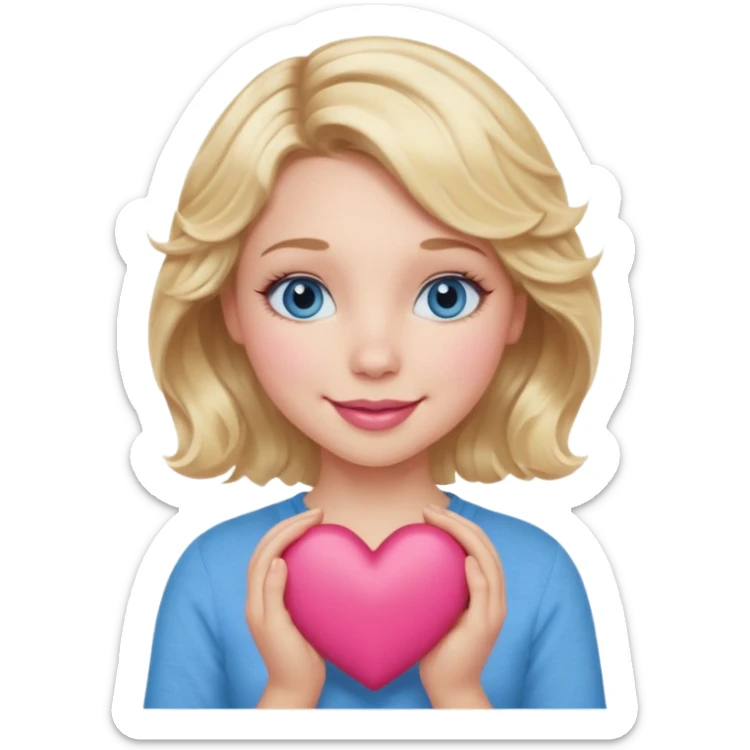 Girl Blonde short wavy hair,  blue eyes, cute blue top, long lashes, pink lips, smiling, holding a big heart sticker