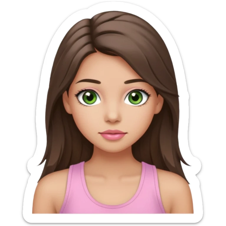 Create a teen girl wearing a light pink tank top. She will have long brunette hair, tan skin, pink lips, and grey-green eyes. She has long eyelashes. sticker