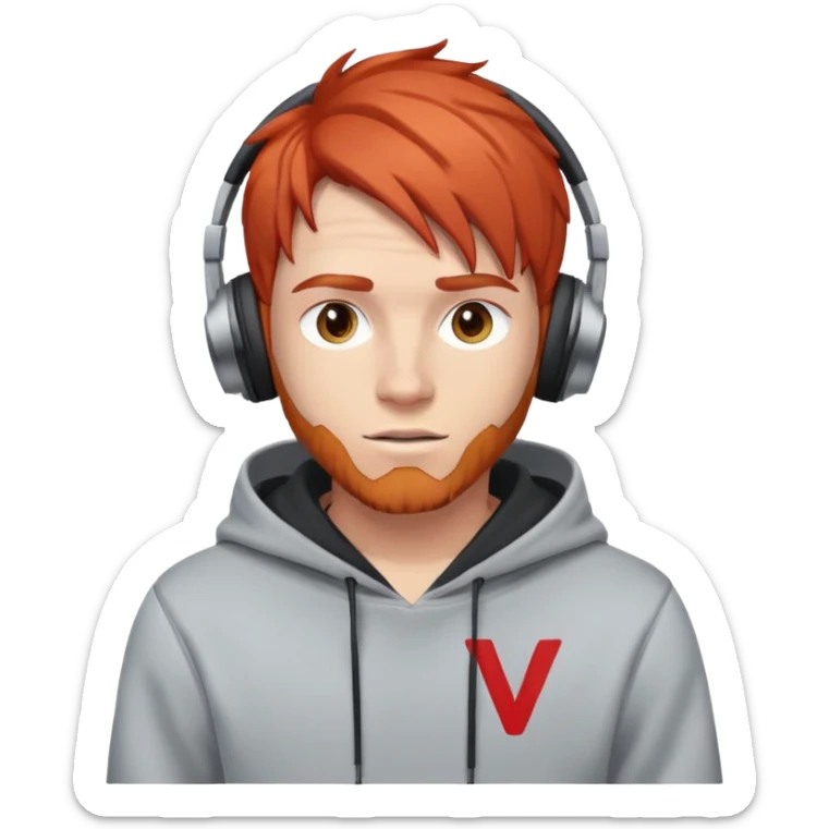 red-haired male with headphones, wearing a hoodie with 'woojuo' letter print on the chest, confident expression, emoji style sticker