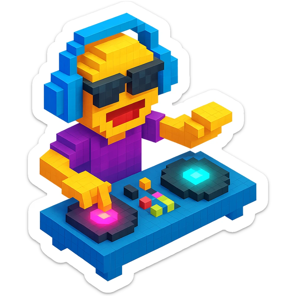 DJ mixing records with glowing turntables and a dynamic pose sticker