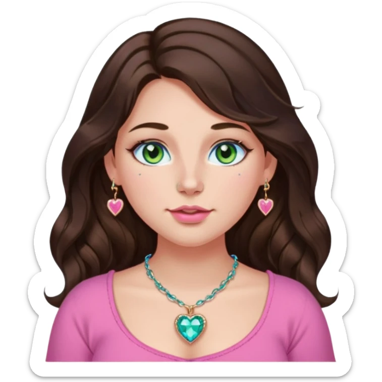 Girl girl long wavy dark brown hair with middle part, green/blue/gold eyes, plus size, pink girly top, right nostril rose gold nose ring, pink heart crystal necklace  sticker