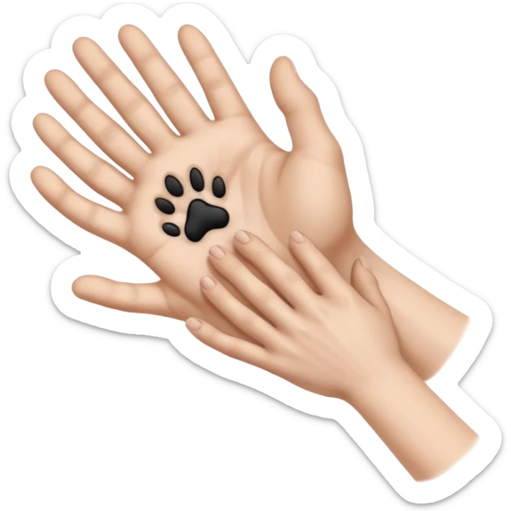 there is a drawing of a human hand gently reaching toward a dog’s paw. The dog has brown fur with black areas, and the paw is extended like it’s about to touch the person’s fingers sticker
