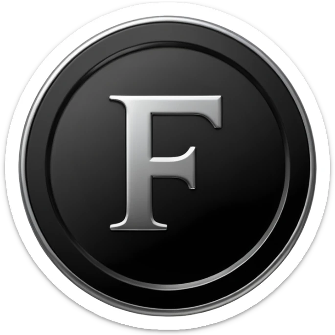 Emoji icon of a black coin with engraved letter F, minimalist style, isolated sticker