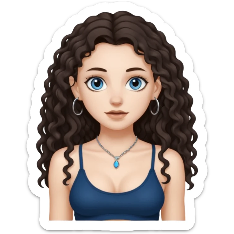 white girl, dark brown long slightly curly hair , skinni but with big breast , septum piercing on nose, beautiful dark gray-blue eyes, showing her toes , sticker