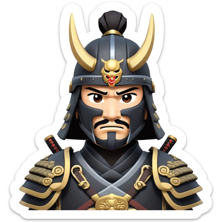 clash-of-clans-aesthetic_-cinematic-fearsome-and-majestic-samurai-bust-portrait-emoji, rendered in a flat, vector-style with minimal shading and bold, simplified shapes typical of emoji art, depicting a battle-hardened samurai with black mask and traditional black Japanese armor. The samurai is riding a noble grey warhorse adorned with an intricately designed saddle and fluttering banners and a rising sun. a samurai riding on a  horse zoomed in sticker