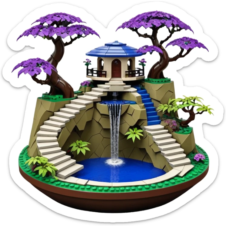 Alien saucer house jungle-vines Lego precarious narrow stairway fountain mountain-island landscape antique mudman very old broken cracked intricate Stone Age lapis-crusted irregular dodecagon-shaped shallow dark moss rough bark violet serissa flowered maple tree bonsai pot sticker
