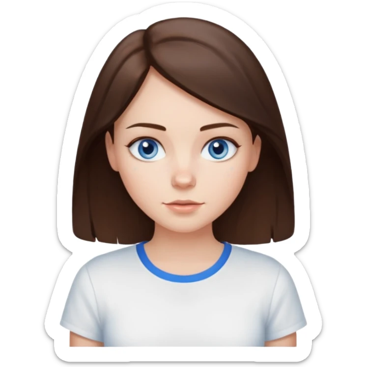 Create an emoji of a white Girl with brunette hair blue eyes faint freckles and hair to her shoulders wearing a white shirt sticker