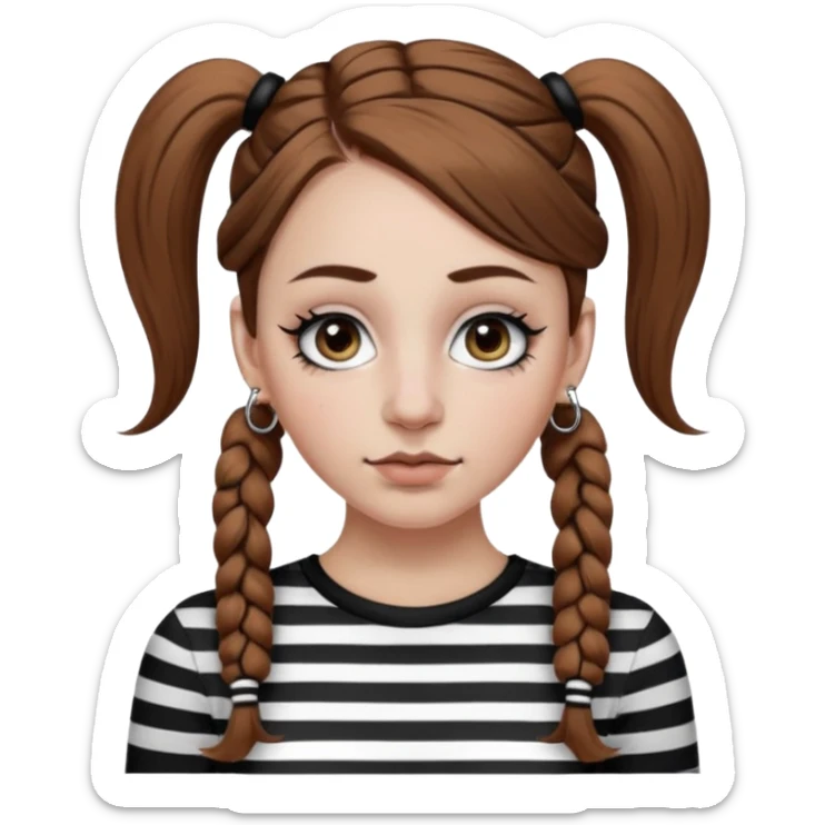 a white girl with brown hair in very low pigtails black eyeliner big false eyelashes with a septum piercing nose piercing big hoop earings dermals close to the eyes one on each side wearing a black and white striped long sleeve shirt sticker