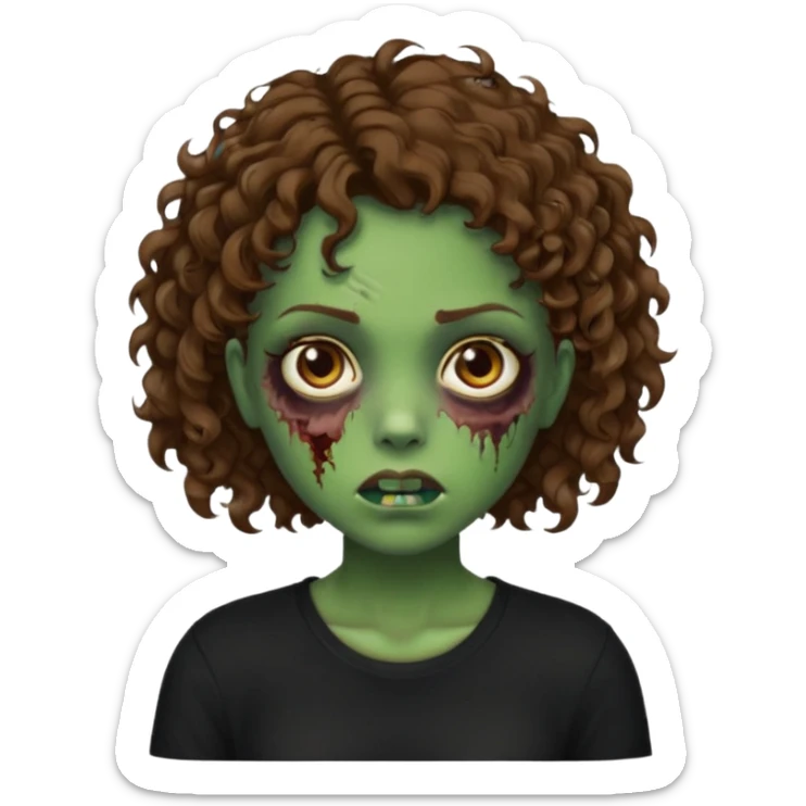 Zombie girl emoji verde com cabelo curto cacheado castanho no ombro com uma blusa preta sticker