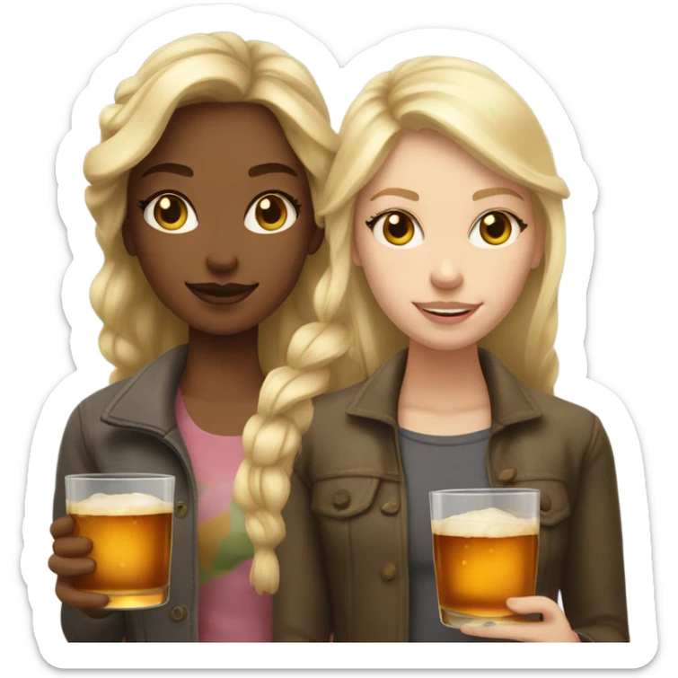A girl with a cold shade of blond and a girl with light blond hair both with fair skin drink apple whiskey sticker