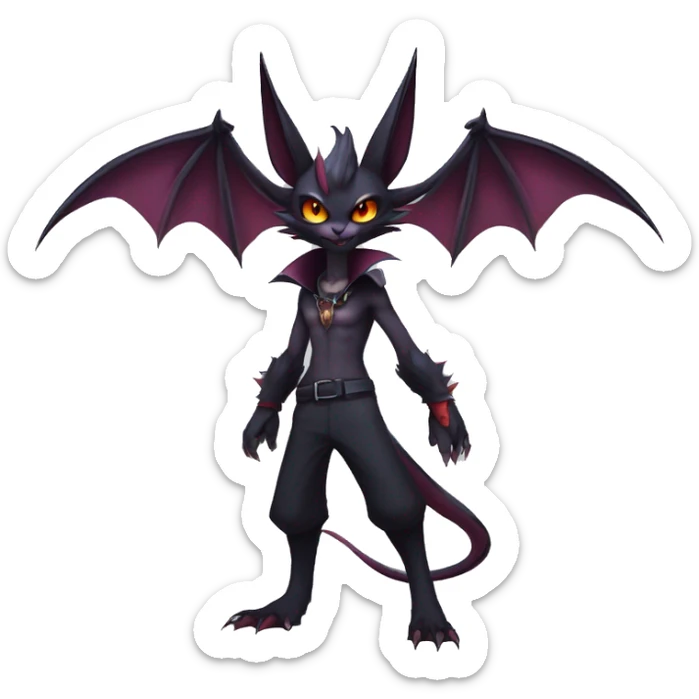  Anthro Kawaii Edgy Cool Vampiric Demonic Beautiful Noivern-Nargacuga-Litten with big Bat Ears and wearing a cap and collar e full body sticker