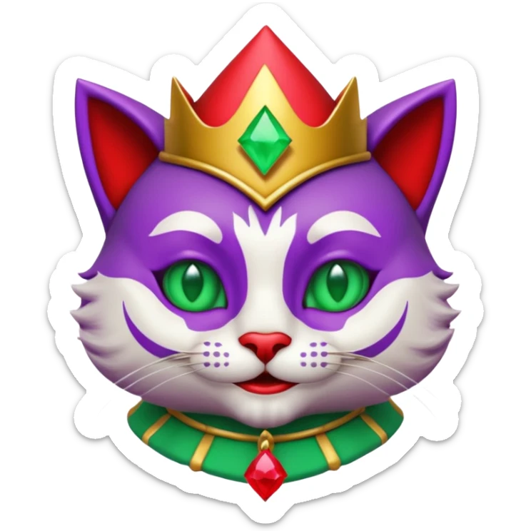 crazy colorful cute little cat jolly joker from poker, medieval, vintage, court jester, mac os icon, purple, gold and red color, half body, emerald green ice eyes. Squared shape as 3D mac os icon, symmetrical sticker