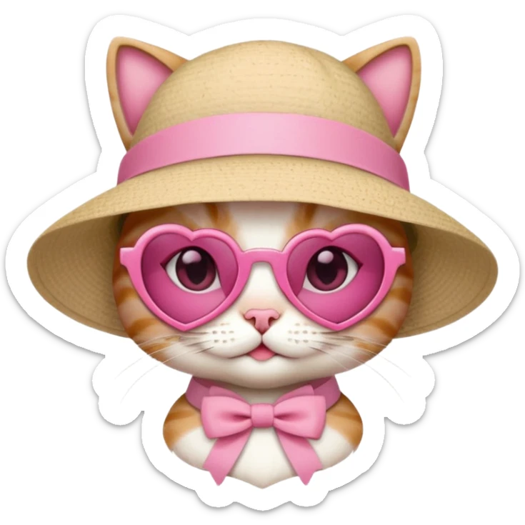 Cat wearing pink love heart sunglasses wearing beige sunhat with pink ribbon coquette  sticker