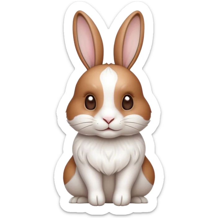 Cinematic Noble White and Brown Rabbit Portrait Emoji, Poised and regal, with a balanced, compact build and a beautifully patterned fur of pristine white accented by rich brown patches, long, alert ears and deep-set soulful eyes, Simplified yet sharp and sophisticated features, highly detailed, glowing with a soft, dignified glow, high shine, intelligent and gentle, stylized with an air of refined charm, focused and attentive, soft glowing outline, capturing the essence of a watchful and confident companion, so majestic it feels as though it could hop out of the screen with effortless authority! sticker