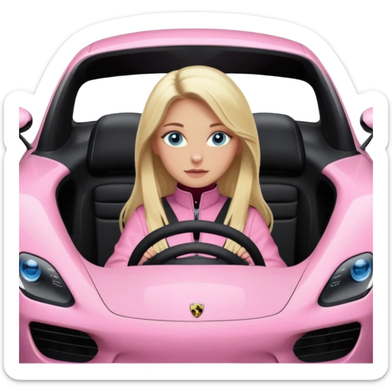 pink Porsche taycan with blonde girl, long hair, blue eyes, sitting inside the car, front view point of view, no sunglasses, sexy sticker