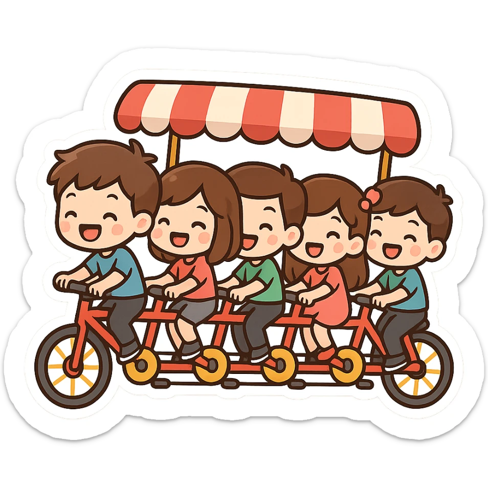 cartoon-style 5-seater bike with exaggerated features and bright colors, all five riders smiling and having fun sticker