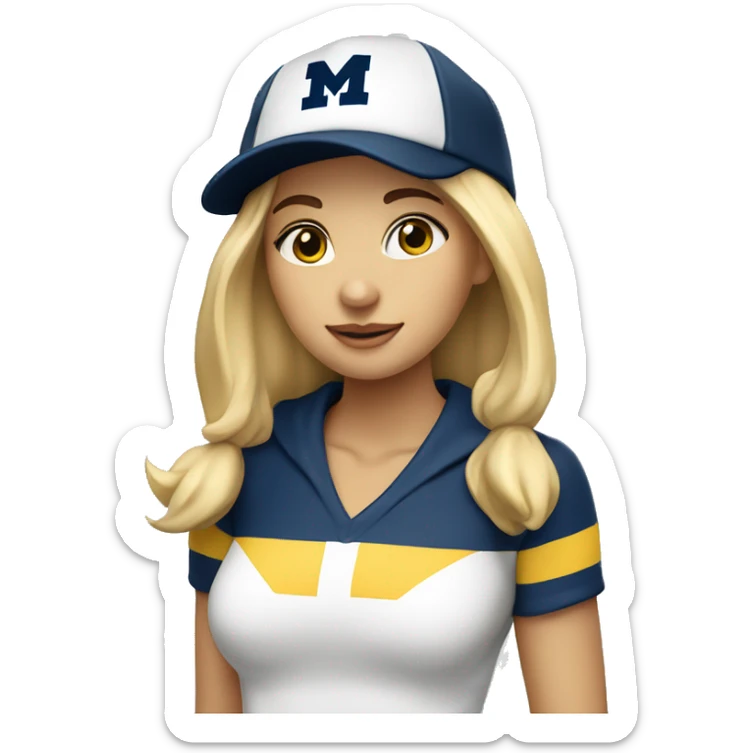 Blonde girl with blue eyes wearing University of Michigan hat sticker