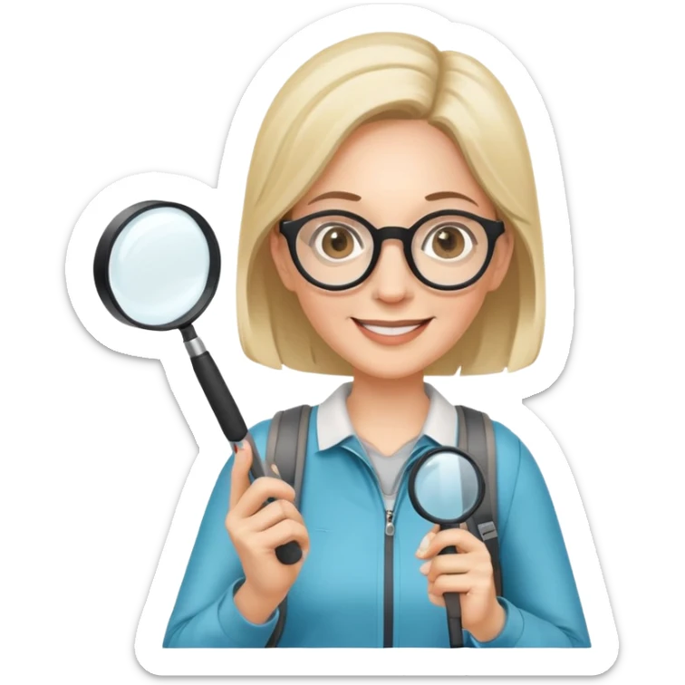 Happy woman in her 40s with glasses, sporty outfit, backpack, holding only one magnifying glass in one hand sticker