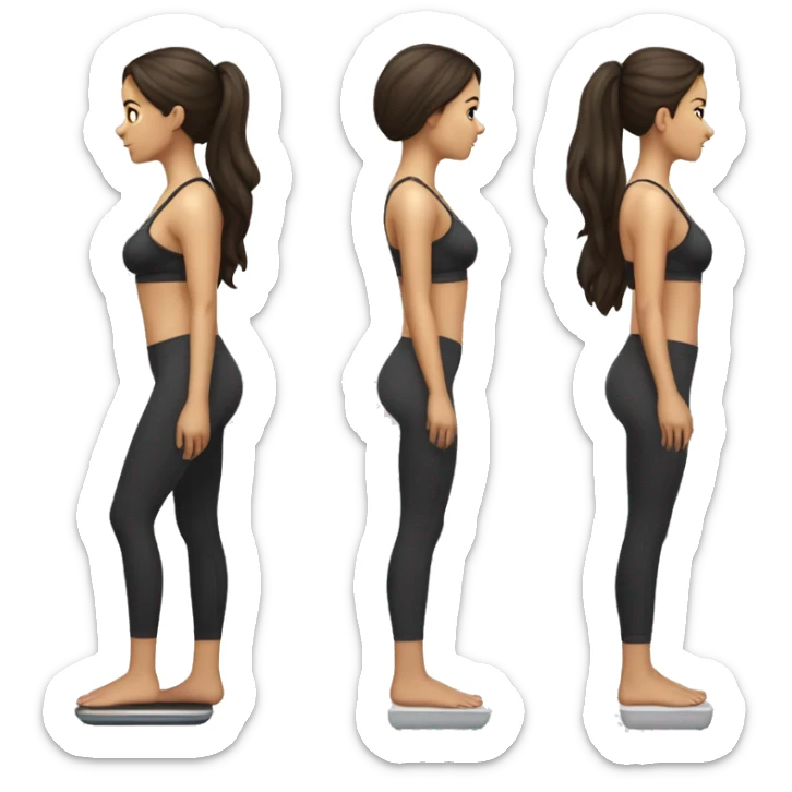 Side view of a fit brunette girl standing on a bathroom scale, looking down, wearing black leggings and a sports bra sticker