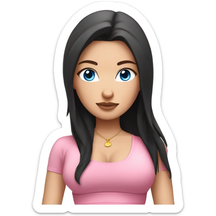 white girl blue eyes with long black hair, sitting in a lotus position, wearing pink bra top and white short skirt sticker