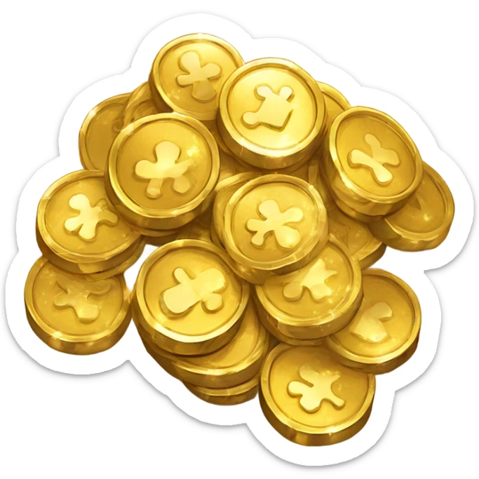 Create a shiny emoji of a pile of pirate-style gold coins, sparkling and resembling treasure, with a bold, simple design. sticker