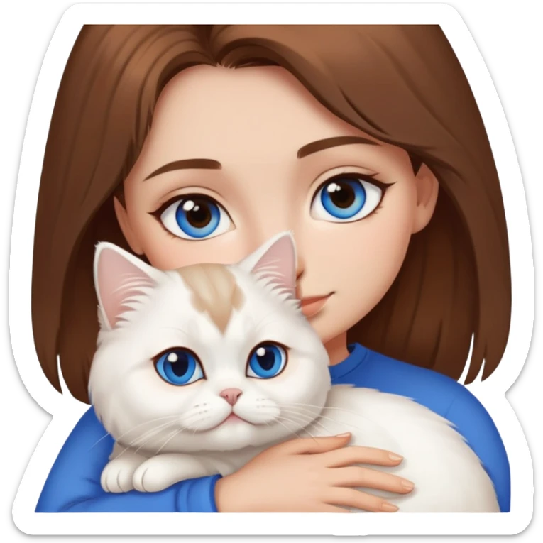 girl with brown hair, brown eyes cuddling a white persian cat that has blue eyes sticker