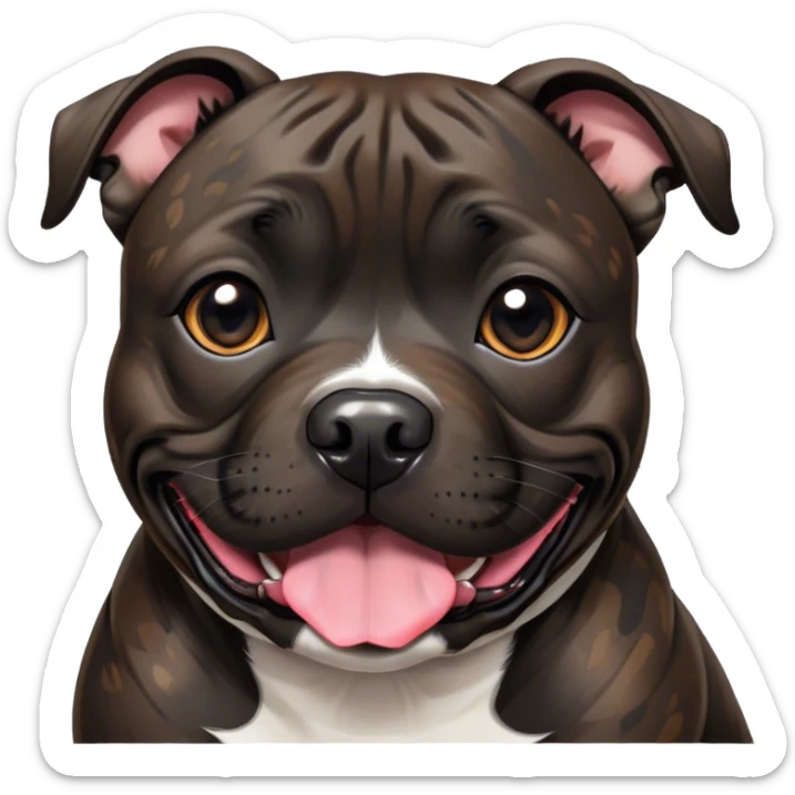 Cinematic Cute Black/Brindle Staffordshire Bull Terrier Portrait Emoji, Head tilted playfully and inquisitively, featuring a glossy Fur with a dynamic mix of black and brindle, round, sparkling dark eyes filled with curiosity, Simplified yet irresistibly adorable features, highly detailed, glowing with a warm, friendly glow, high shine, affectionate and spirited, stylized with a touch of whimsy, bright and endearing, soft glowing outline, capturing the essence of a mischievous yet loving pup, so playful it feels like it could bound out of the screen and into your arms! sticker