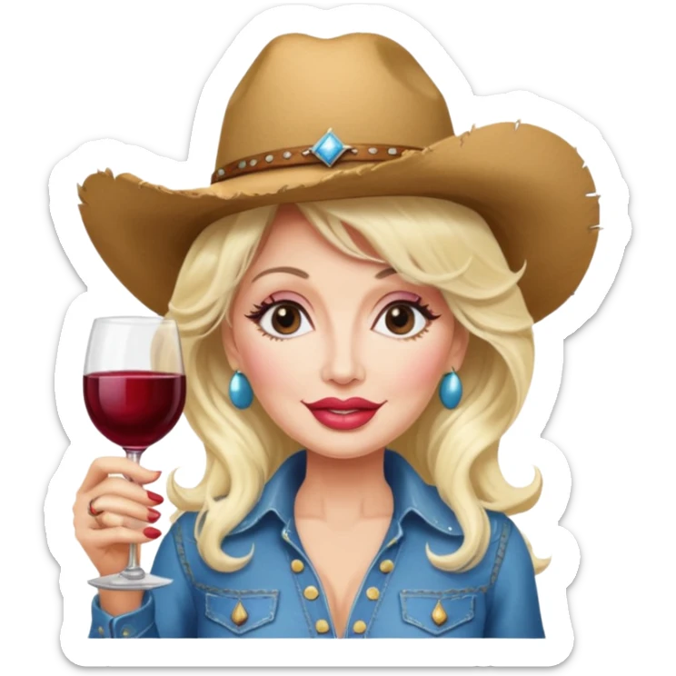 Dolly Parton with a huge glass of wine on a bachelorette trip and a cowboy hat and huge lips sticker