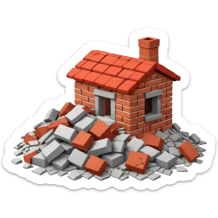 3D iPhone style emoji of a pile of bricks, roof pieces, and wall rubble, scattered and broken, isolated on white background, soft shadows, high detail, playful and cute sticker