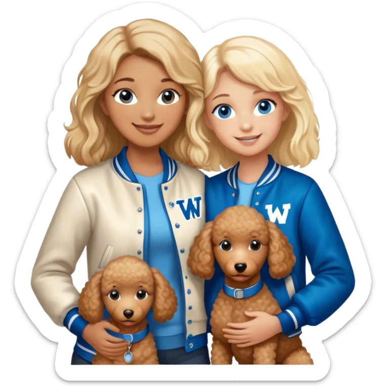 smiling mother in letterman jacket with W and Blue eyes, two Little girls Long blond straight hair and Blue eyes, one brown poodle puppie sticker