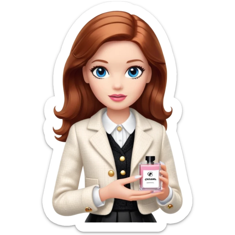 A Barbie girl with blue eyes, shoulder-length reddish-brown hair with makeup, wearing a white tweed jacket and a black skirt is holding Chanel cream in her hand sticker