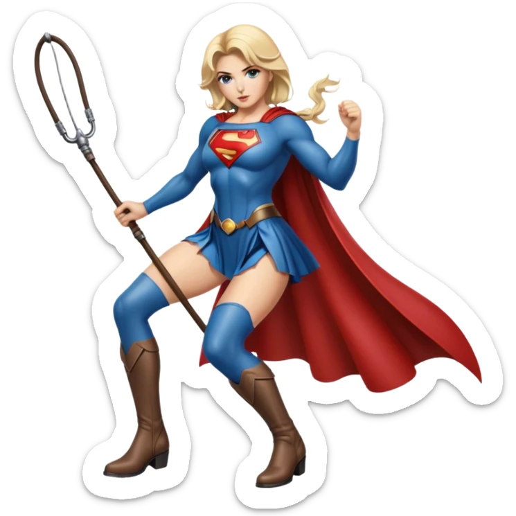 A stunning female Superman with blonde hair, leather boots and a whip in her hand. sticker