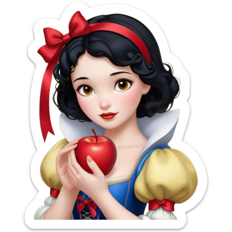 Cinematic Realistic Snow White Portrait, depicted with lifelike skin texture, soft natural lighting, and intricately detailed black hair styled with a red ribbon. Her soft brown eyes radiate innocence and kindness, complemented by a warm, gentle smile. She holds an apple in one hand, her other hand resting against her cheek, embodying her purity and charm. She is dressed in her classic yellow, blue, and red gown, the fabric rich in texture with delicate folds that catch the light beautifully. The portrait features a soft, natural glow with a radiant finish, capturing the essence of timeless beauty in a realistic and painterly style. sticker