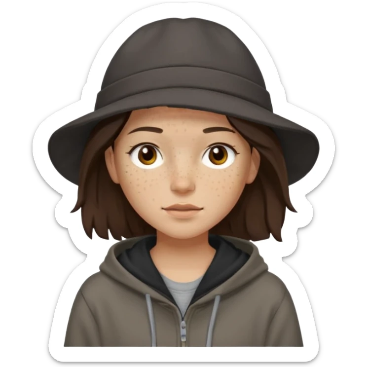 Hobo tomboy with light skin, freckles, shoulder-length center-parted dark brown hair. brown eyes, dark brown hoodie, grey shirt. Black flat brimmed hat sticker